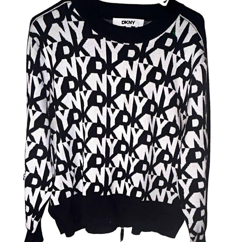DKNY Women's Black/White Logo Knit Crew Neck Long Sleeve Pullover Sweater M